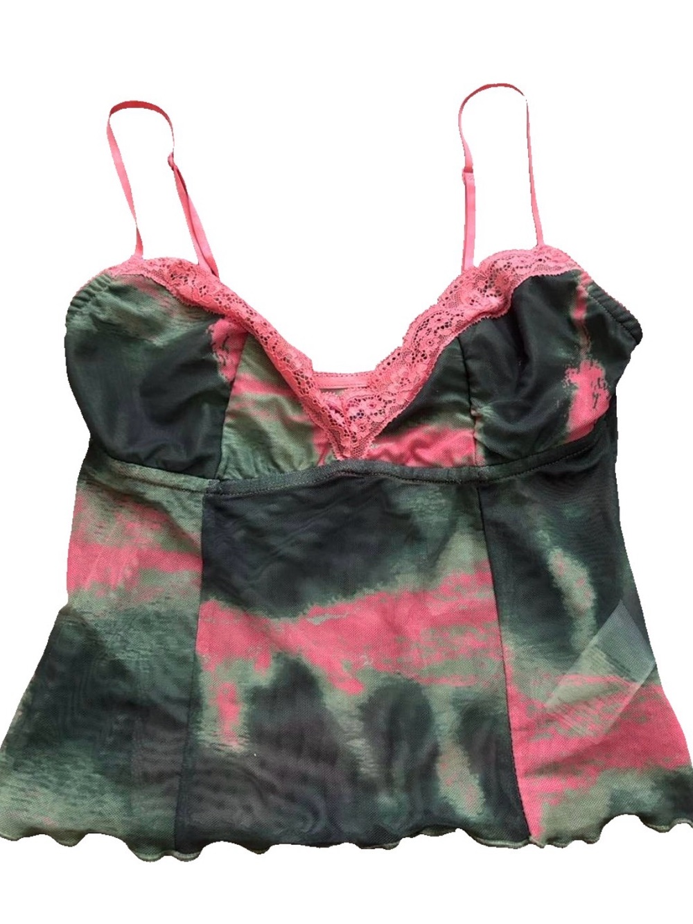 Edikted Y2K Mesh Lace Cami Top S Pink Green Tie Dye Bustier Sheer Coquette
